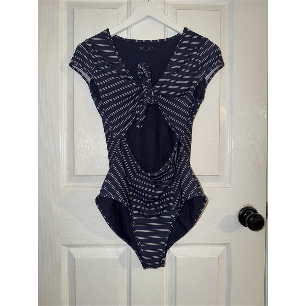Athleta Swimsuit French Stripe Navy Blue Tie Front Cut Out One Piece Size L